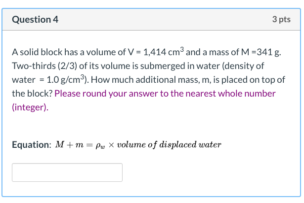 View question - A block with a volume of 12 cm3 has a density of 3 g/cm3.  The block is cut into two pieces. One piece has a volume of 8