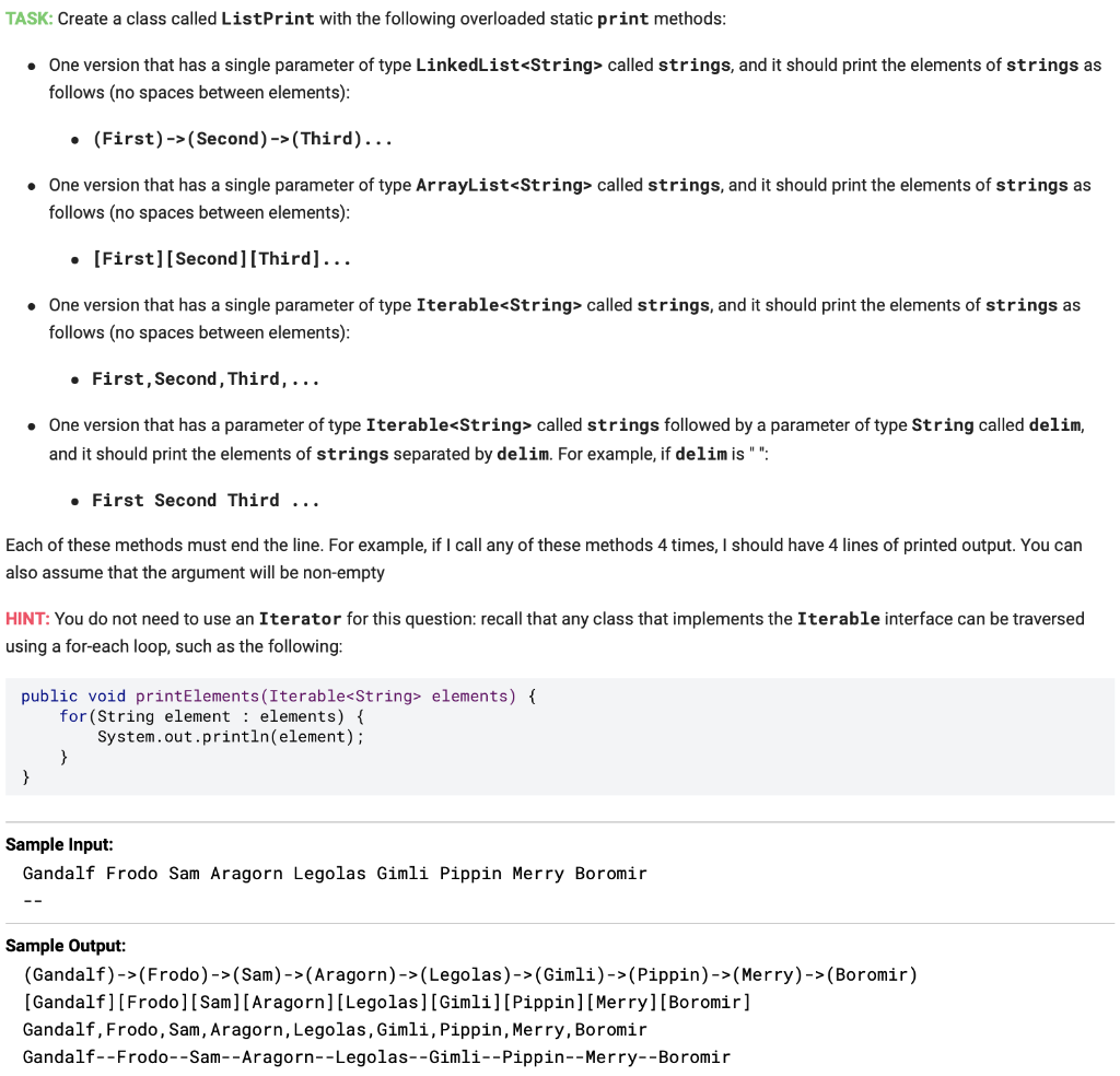 Solved TASK: Create a class called ListPrint with the | Chegg.com
