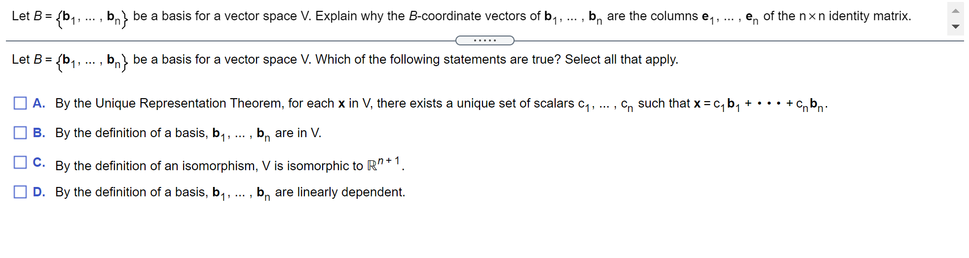 Solved Let B = {61, ... , bn} be a basis for a vector space | Chegg.com