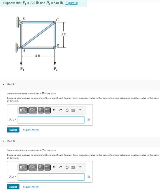 Solved Suppose That P1=720lb And P2=540lb. (Figure 1) PartA | Chegg.com