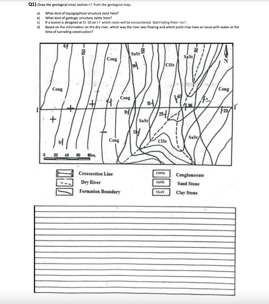 Solved Q1) Draw the geological cross section I-' from the | Chegg.com
