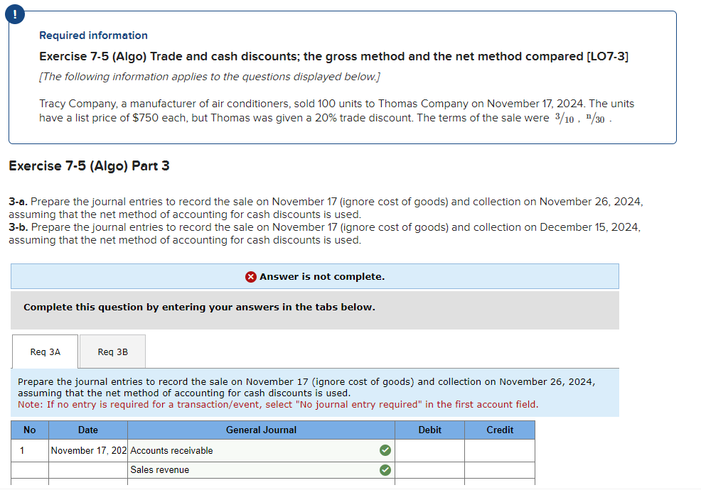 Solved Required information Exercise 7-5 (Algo) Trade and | Chegg.com