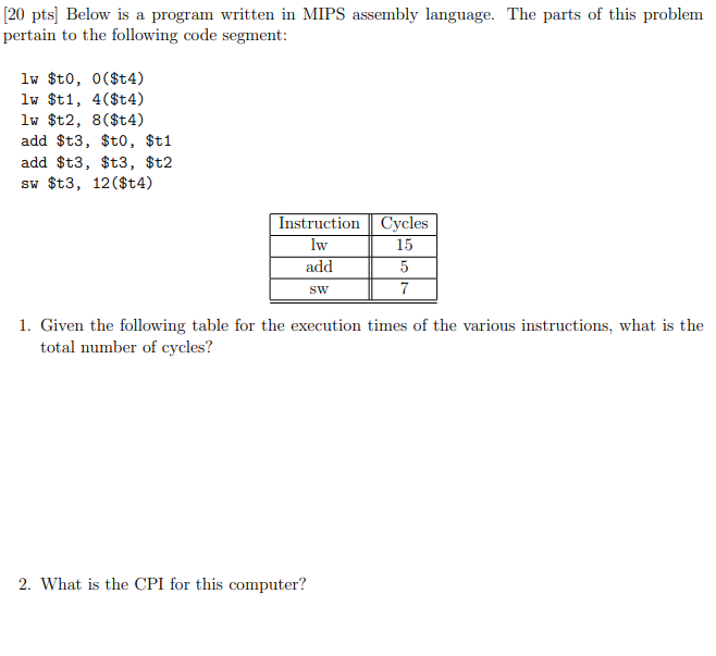 Solved [20 pts) Below is a program written in MIPS assembly | Chegg.com