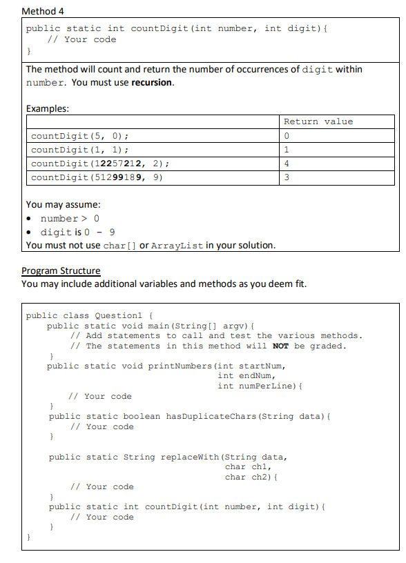 Solved Question 1 Write a Java program containing the static | Chegg.com
