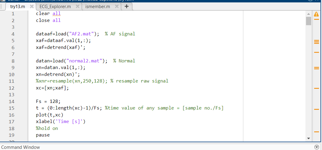 Solved try13.m x ECG_Explorer.m ismember.m 1 clear all 2 | Chegg.com