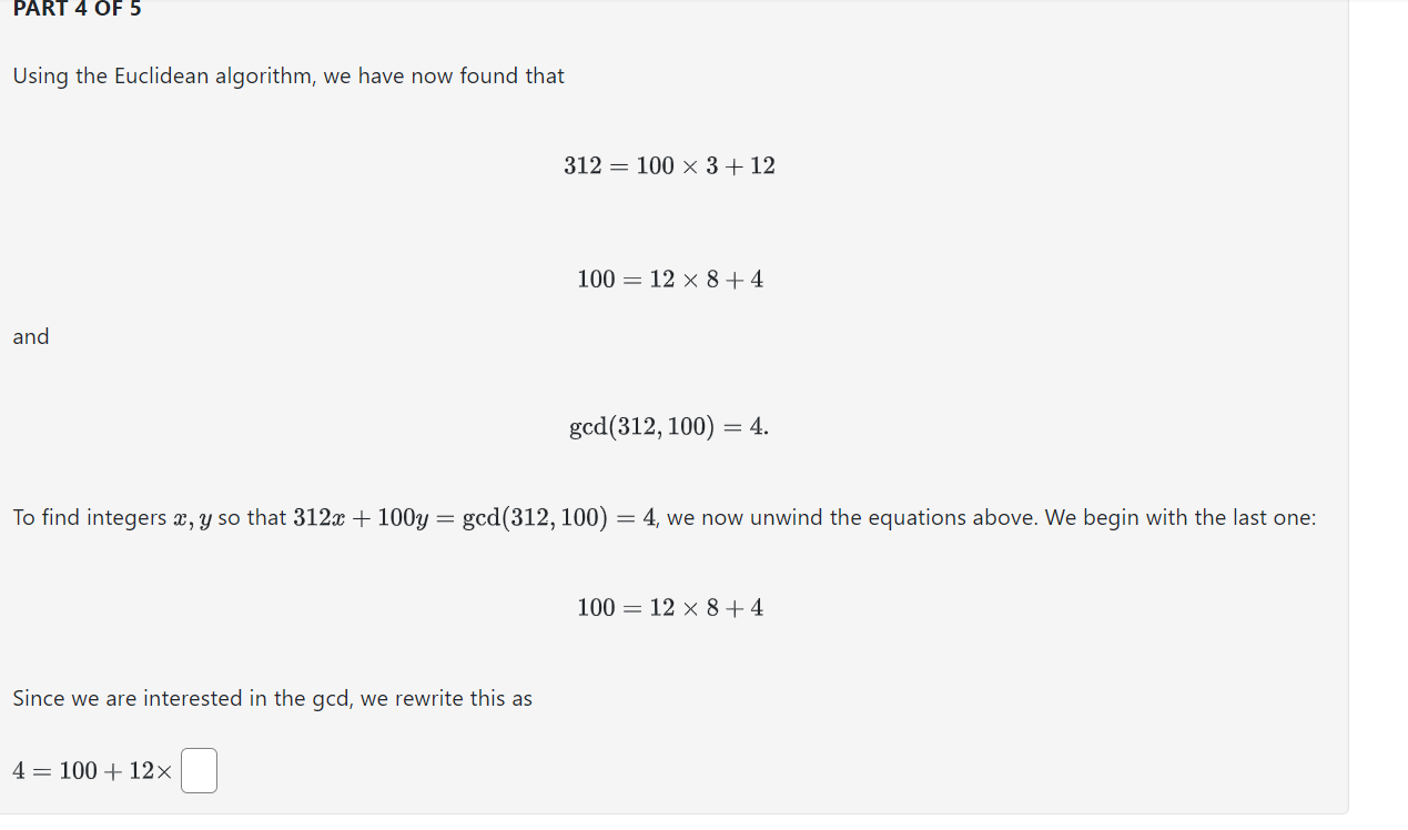 PART 4 ﻿OF 5Using the Euclidean algorithm, we have | Chegg.com image.
