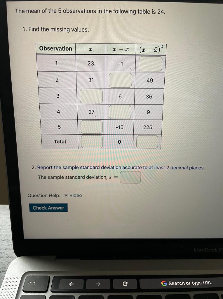 Solved The mean of the 5 observations in the following table | Chegg.com