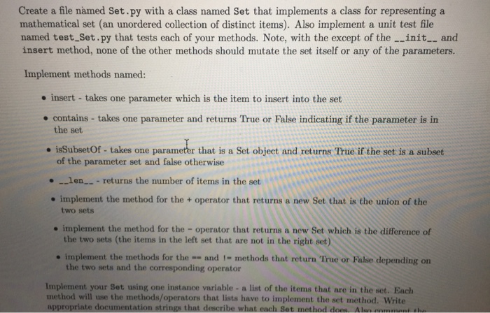 Solved Create a file named set.py with a class named Set | Chegg.com