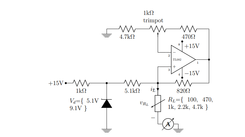 Solved 1kΩ trimpot M ΑΛΛ 4.7kΩ Λ 470Ω +15V TL082 1 3 w 5.1kΩ | Chegg.com