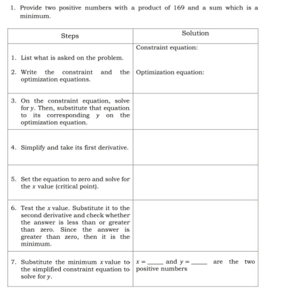 Solved 1. Provide two positive numbers with a product of 169 | Chegg.com