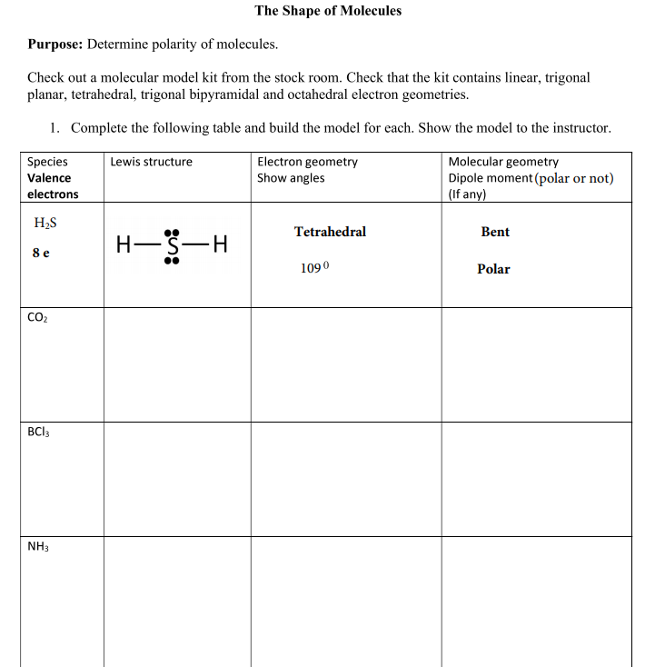 Solved The Shape of Molecules Purpose: Determine polarity of | Chegg.com