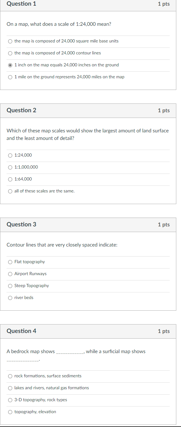 Solved Question 1 1 pts On a map, what does a scale of | Chegg.com
