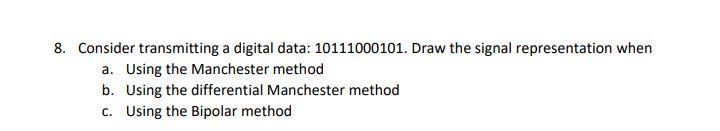 Solved 8. Consider transmitting a digital data: 10111000101. | Chegg.com