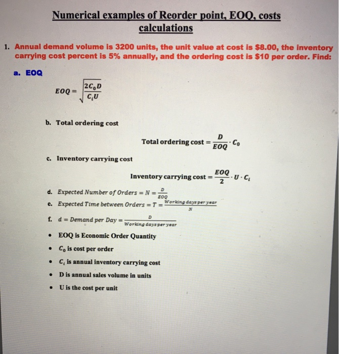 Solved Numerical Examples Of Reorder Point Eoq Costs Ca Chegg Com