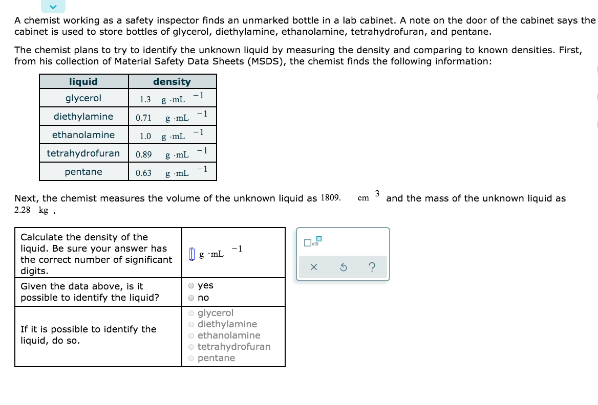 Solved A chemist working as a safety inspector finds an | Chegg.com