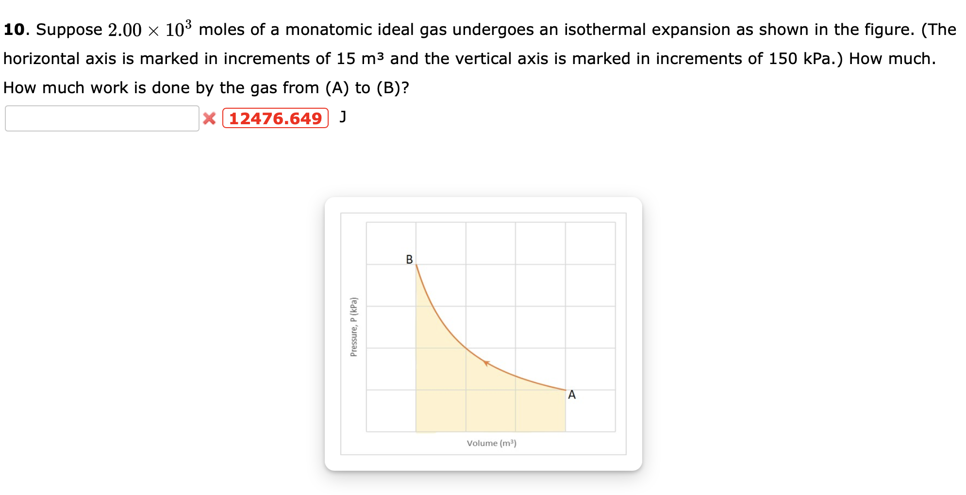 10. Suppose \( 2.00 \times 10^{3} \) moles of a monatomic ideal gas undergoes an isothermal expansion as shown in the figure.