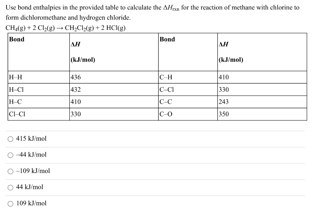 Solved Use bond enthalpies in the provided table to | Chegg.com