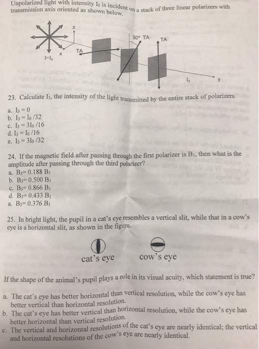 Solved Unpolarized light with intensity lo is incident on a | Chegg.com