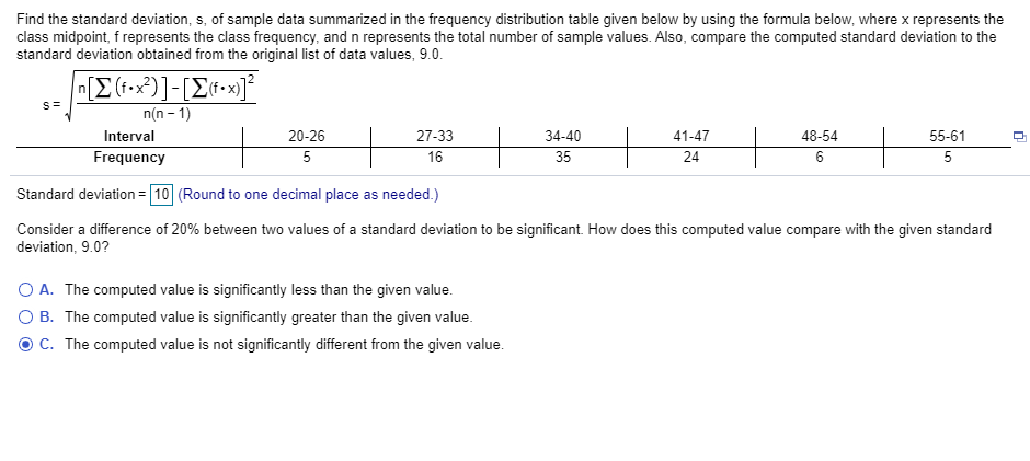 Solved Find the standard deviation, s, of sample data | Chegg.com