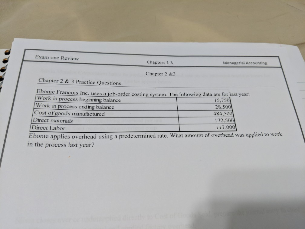Solved Exam One Review Chapters 1-3 Managerial Accounting | Chegg.com