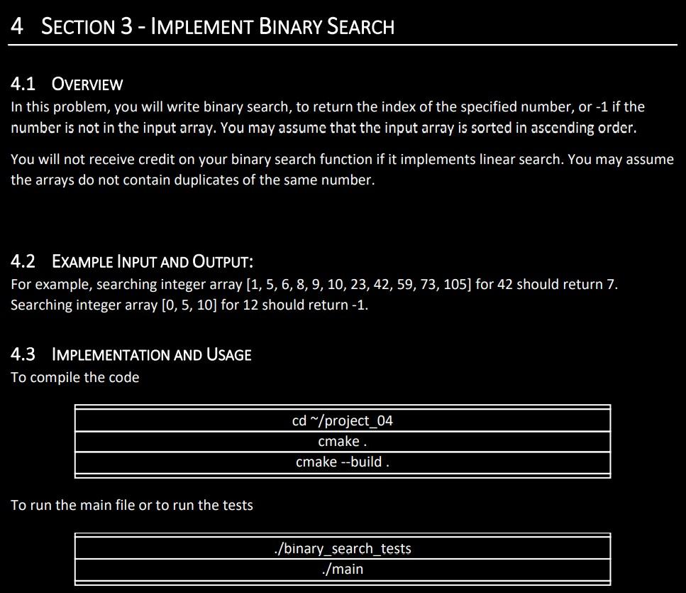 Solved 4. SECTION 3 - IMPLEMENT BINARY SEARCH 4.1 OVERVIEW | Chegg.com