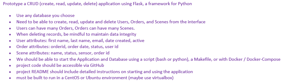 Prototype a CRUD (create, read, update, delete) application using Flask, a framework for Python • Use any database you choose