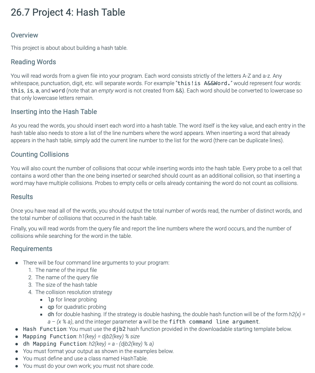 26.7 Project 4: Hash Table Overview This project is | Chegg.com