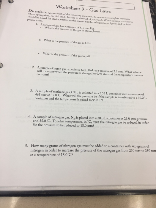Solved Worksheet 9 Gas Laws Directions Answer cach of the
