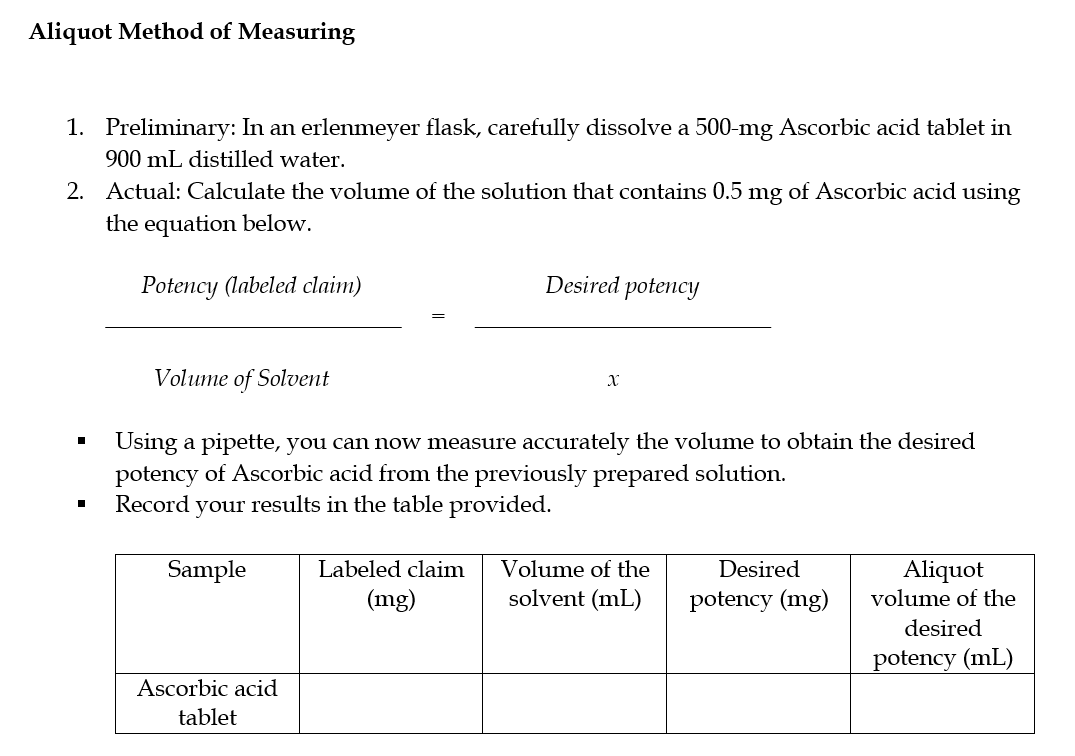 Solved Aliquot Method of Measuring 1. Preliminary: In an | Chegg.com