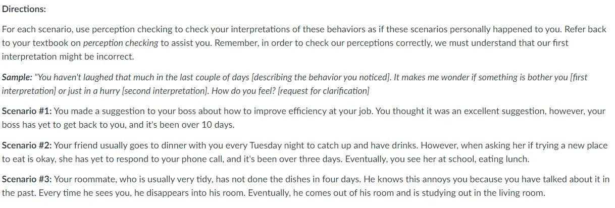 For each scenario, use perception checking to check | Chegg.com