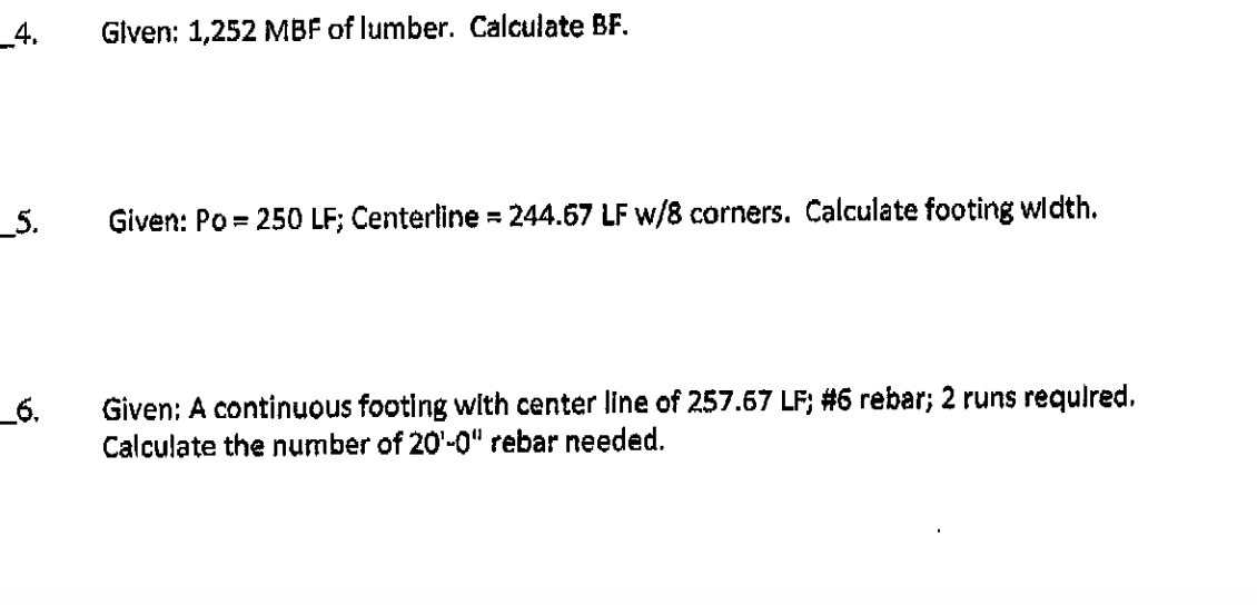 Solved 4 Given 1 252 Mbf Of Lumber Calculate Bf Give Chegg Com