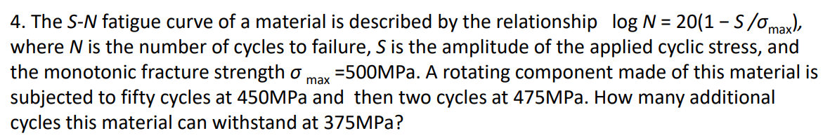 Solved 4. The S-N fatigue curve of a material is described | Chegg.com