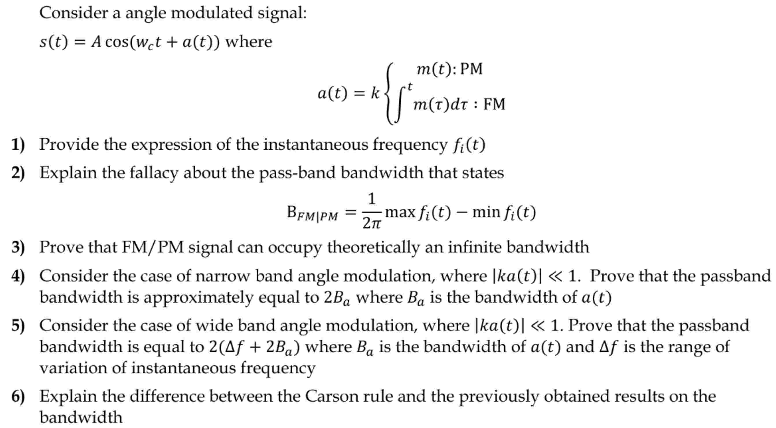 Consider a angle modulated signal:s(t)=Acos(wct+a(t)) | Chegg.com