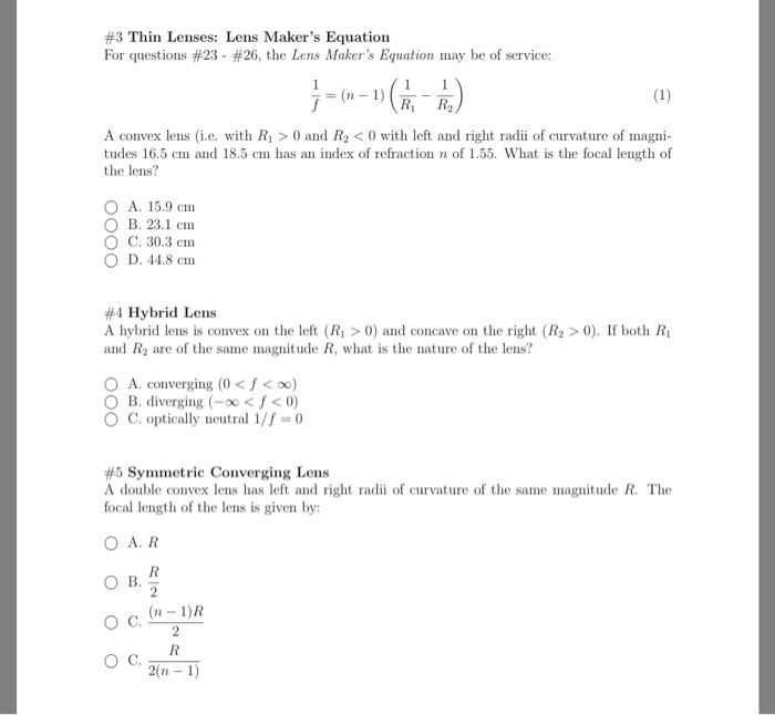 Solved 3 Thin Lenses Lens Maker's Equation For questions