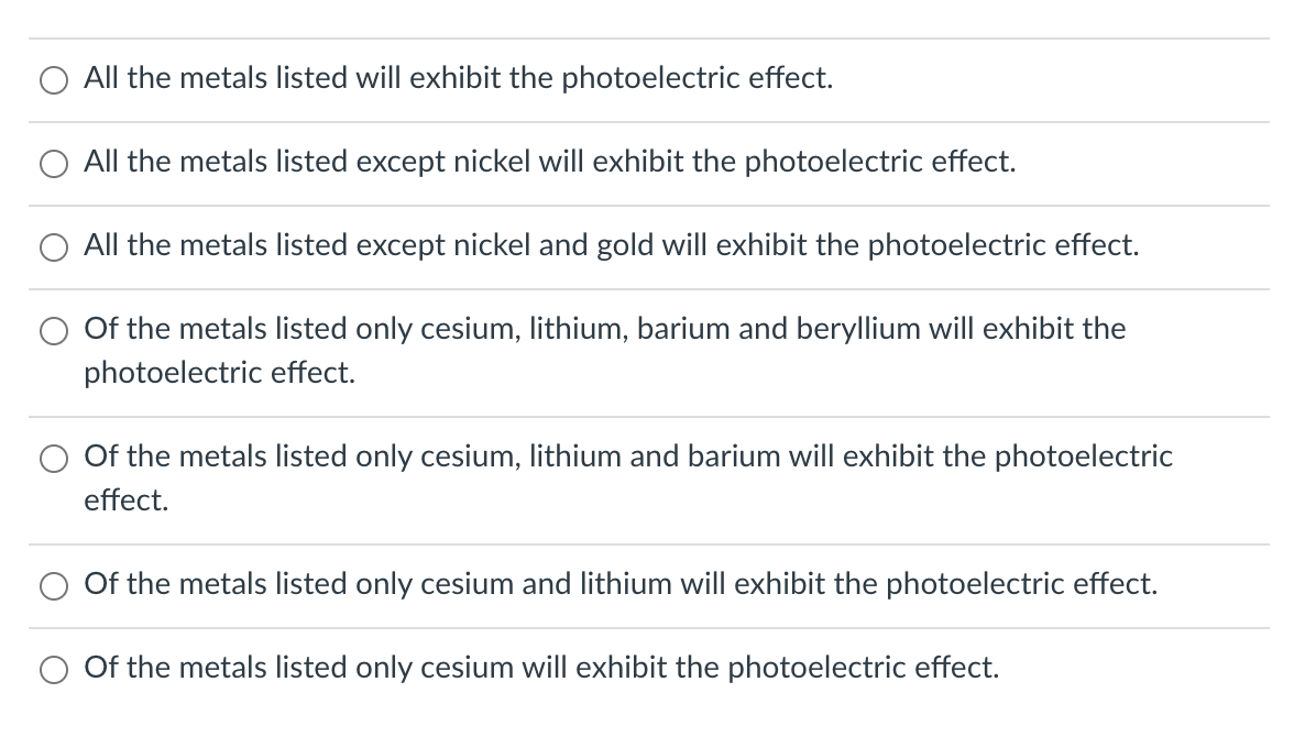 Solved The work functions for several metals are shown in