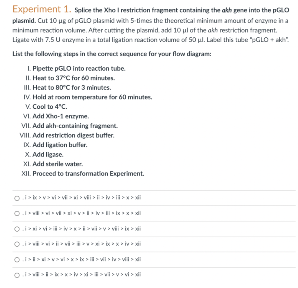 Solved Experiment 1. Splice the Xho I restriction fragment | Chegg.com