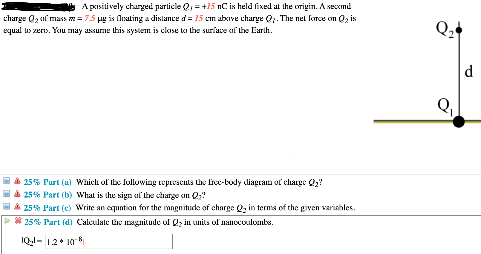 Solved A positively charged particle Q1 = +15 nC is held | Chegg.com