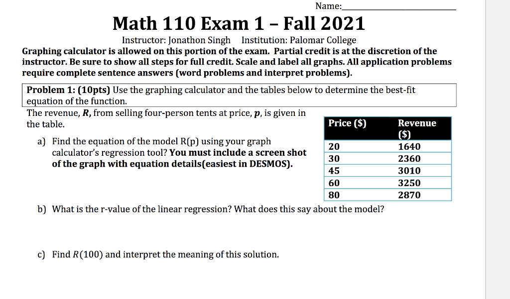 Name: Math 110 Exam 1 - Fall 2021 Instructor: | Chegg.com