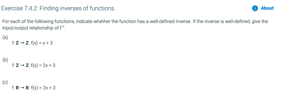 Solved Exercise 7.4.2: Finding inverses of functions About | Chegg.com