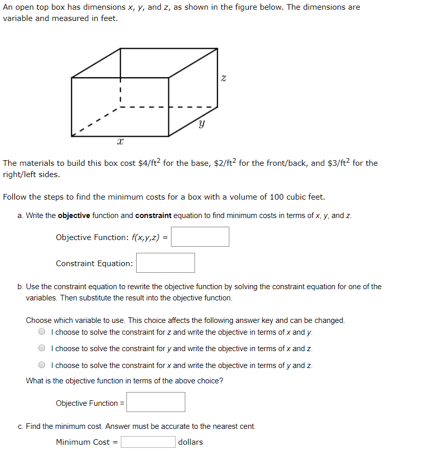 Solved An open top box has dimensions x, y, and z, as shown