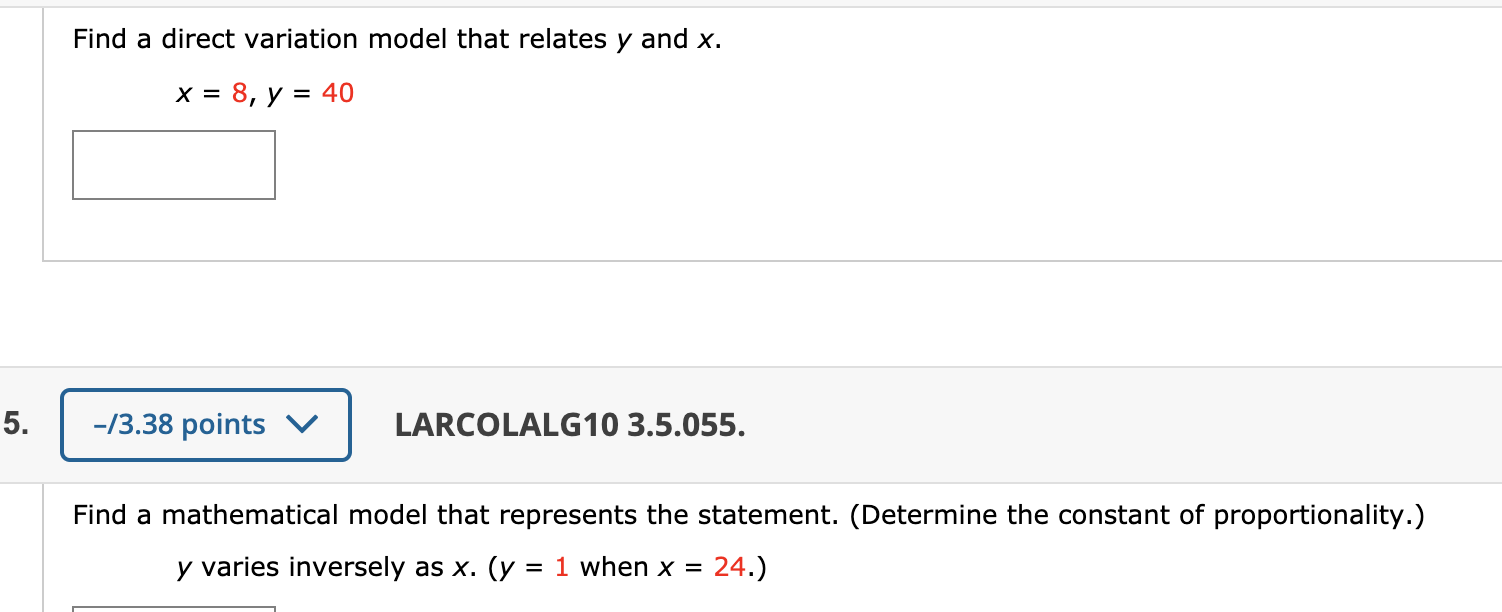 Solved Find a direct variation model that relates y and x. x | Chegg.com