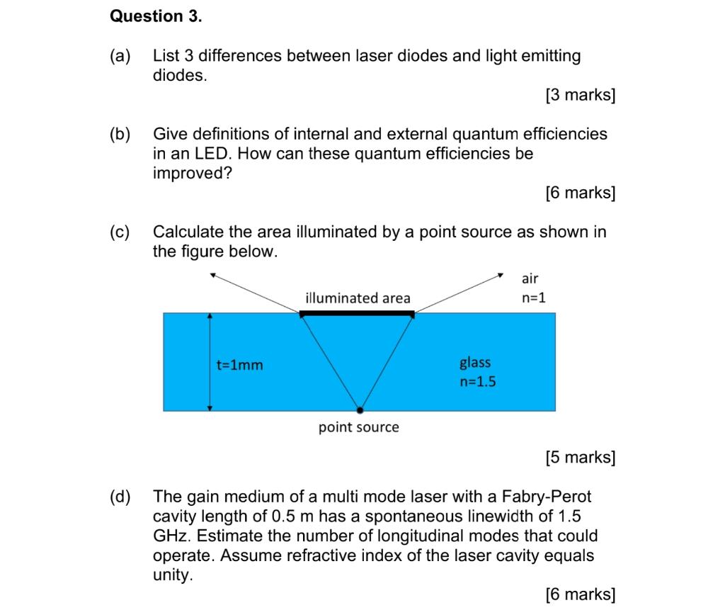 Give definitions of internal and external quantum efficiencies in an LED. How can these quantum efficiencies be improved?
[6 