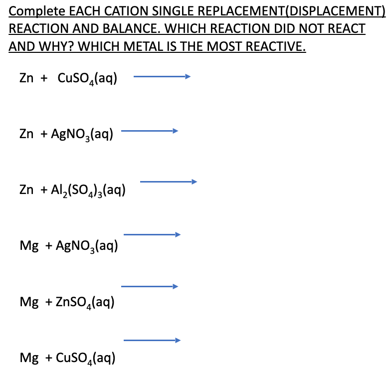 Solved Complete EACH CATION SINGLE REPLACEMENT(DISPLACEMENT) | Chegg.com
