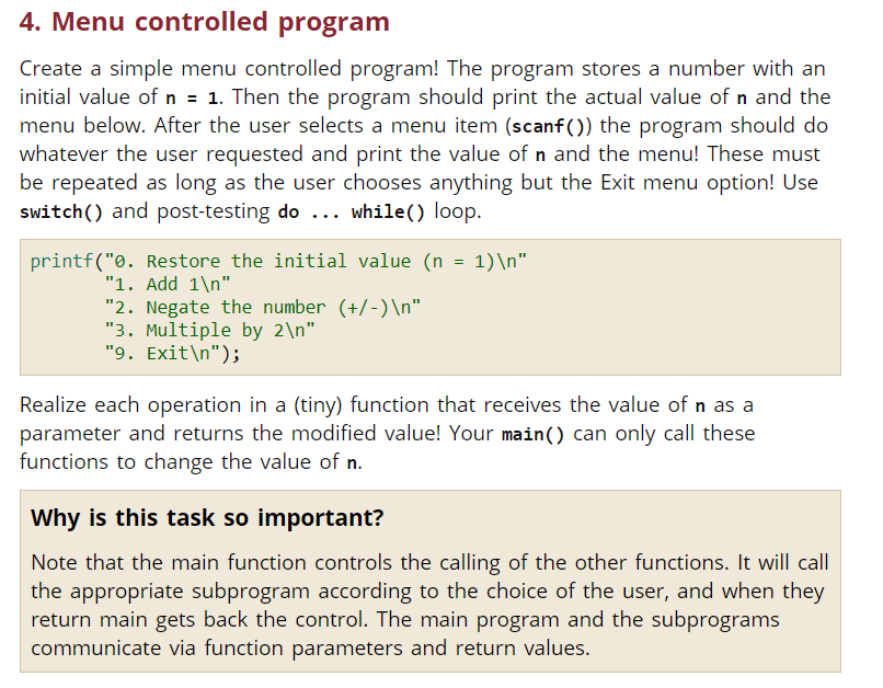 Solved 4. Menu controlled program Create a simple menu | Chegg.com
