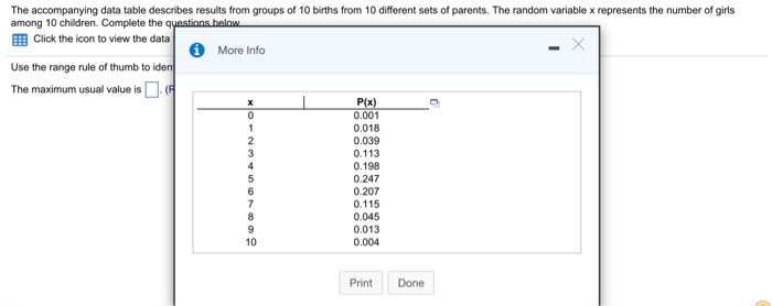 the accompanying table describes results from groups of 10 births