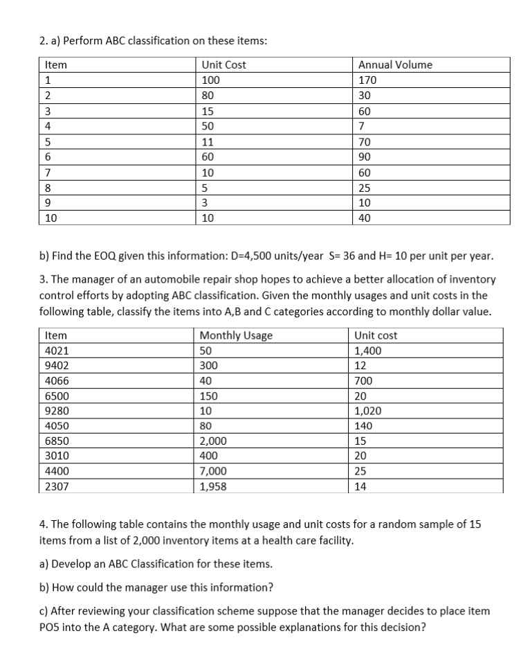 Solved 1. Classify the following inventory items as A, B, or | Chegg.com