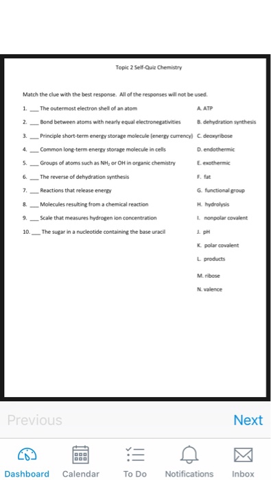 Solved Topic 2 Self-Quiz Chemistry Match the clue with the | Chegg.com