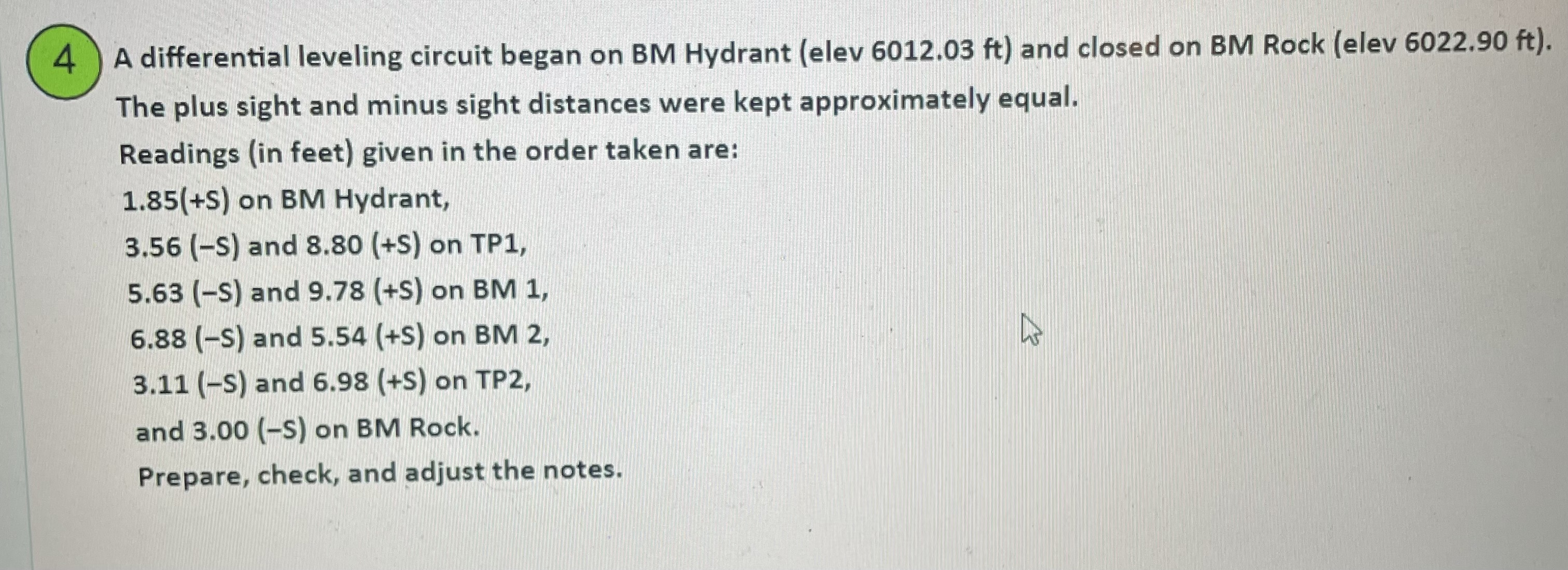 Solved 4 A differential leveling circuit began on BM Hydrant