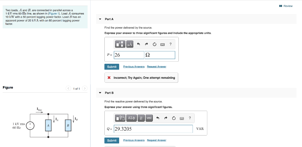 Solved Review Two Loads, A And B Are Connected In Parallel | Chegg.com