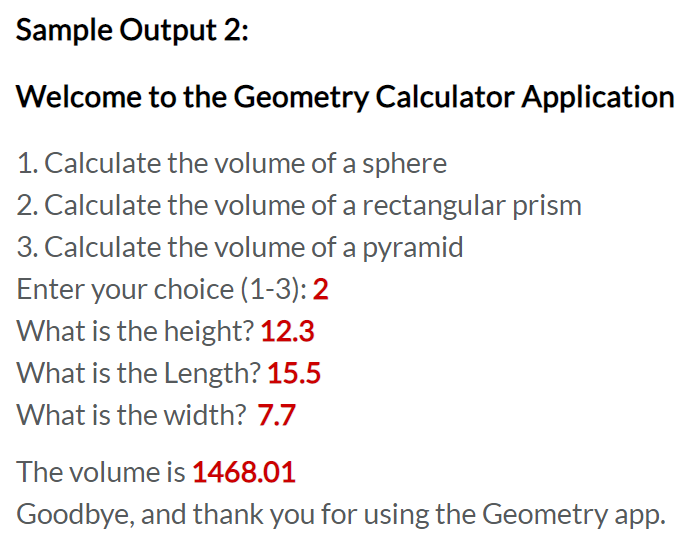 Solved Sample Output 1: Welcome to the Geometry Calculator | Chegg.com